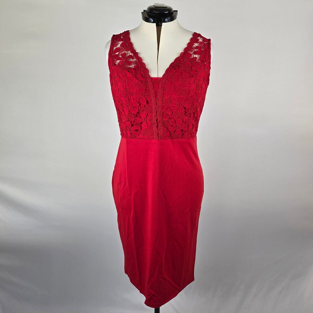 Grace Karin Bodycon Dress Women's XL Sleeveless Red Lace Patchwork Midi NWT